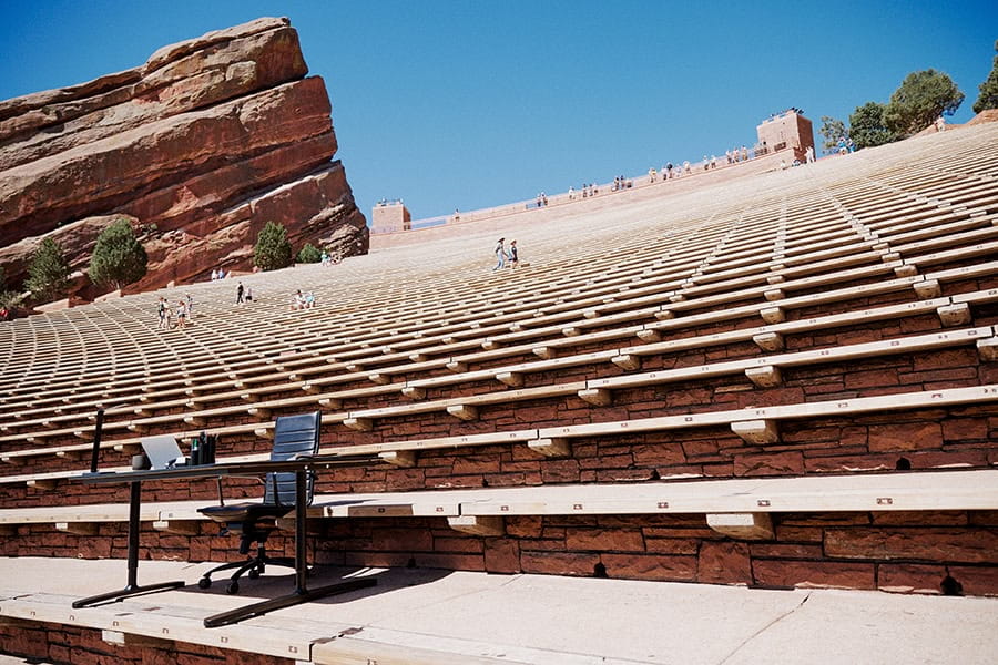 A desk is set up at the Red Rocks Amphitheatre in Denver, Colorado.