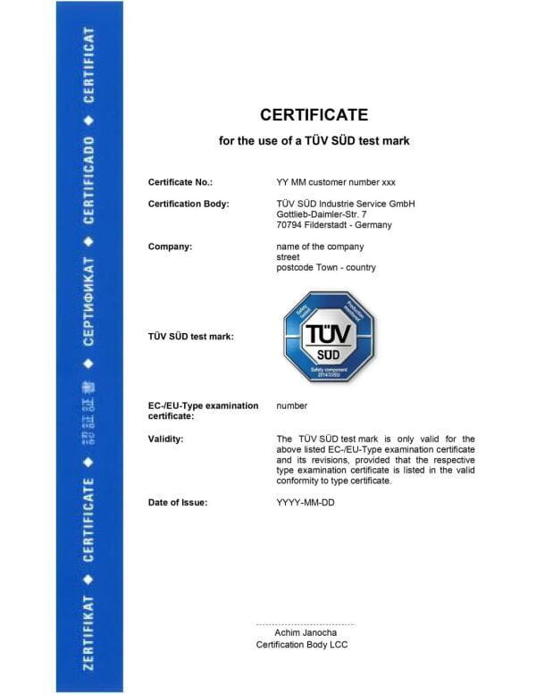 TÜV南德认证标志（TÜV SÜD Mark）证书模板示例