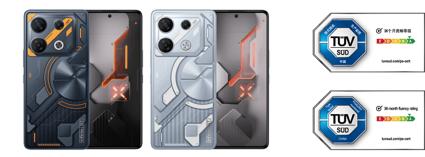 Left : Infinix GT 10 Pro (Cyber Black and Mirage Silver) Right : TÜV SÜD 36-Month Fluency Rating A Mark
