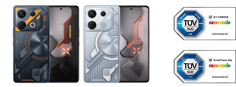Left : Infinix GT 10 Pro (Cyber Black and Mirage Silver) Right : TÜV SÜD 36-Month Fluency Rating A Mark