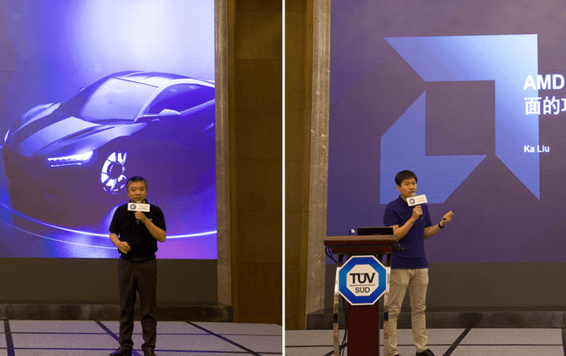 AMD张宁先生(左)与刘咖先生(右)分别介绍AMD自适应SoC汽车应用方案及AMD自适应SoC助力打造全面的功能安全方案