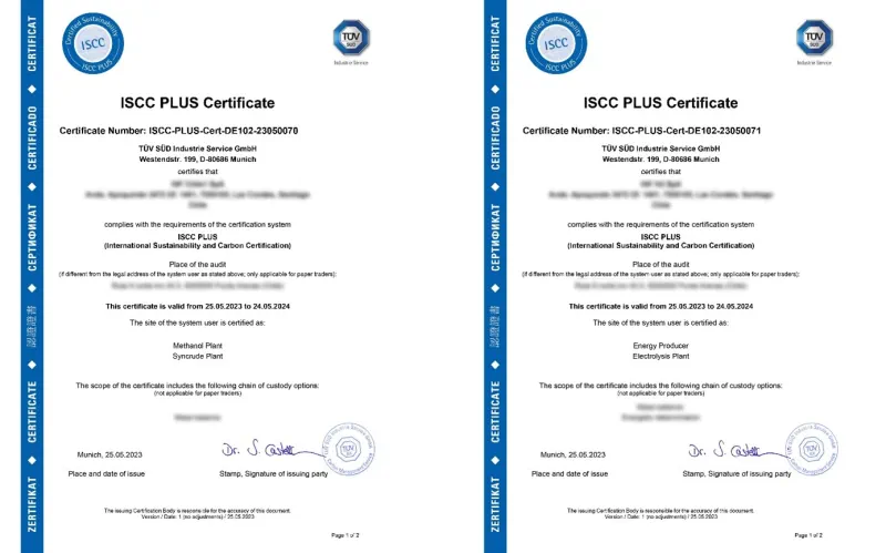 TÜV南德为智利Haru Oni项目颁发ISCC认证证书